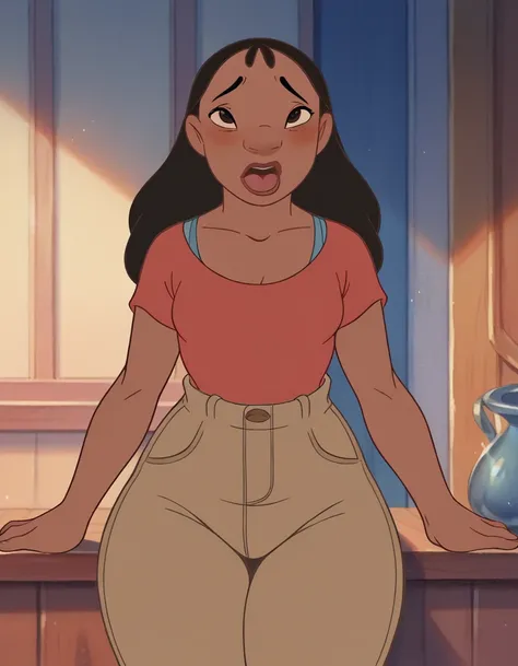 Nani pelekai, brown eyes, Blush, ahegao, looking at the viewer, small breasts, thick thighs, standing, forehead, blue regatta, Brown pants, Room 