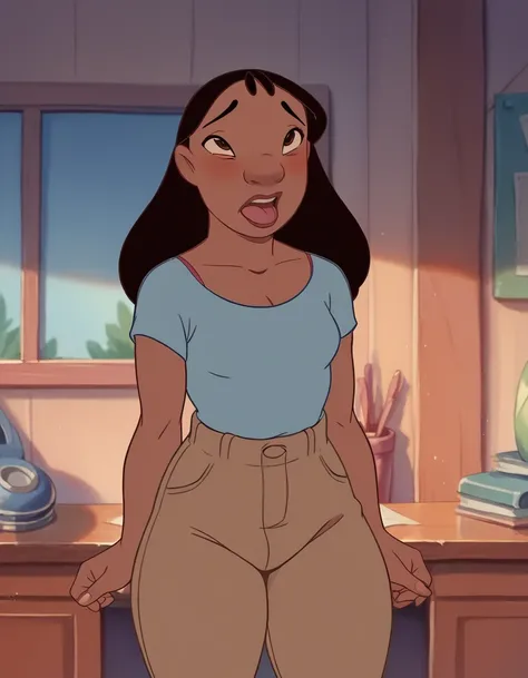 Nani pelekai, brown eyes, Blush, ahegao, looking at the viewer, small breasts, thick thighs, standing, forehead, blue regatta, Brown pants, Room 