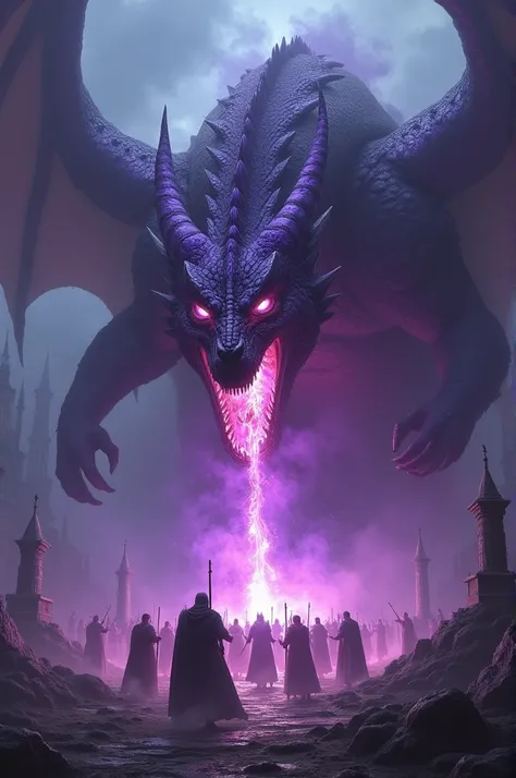 A terrifying purple dragon glaring down at a group of guards, purple fire shooting out of its mouth.