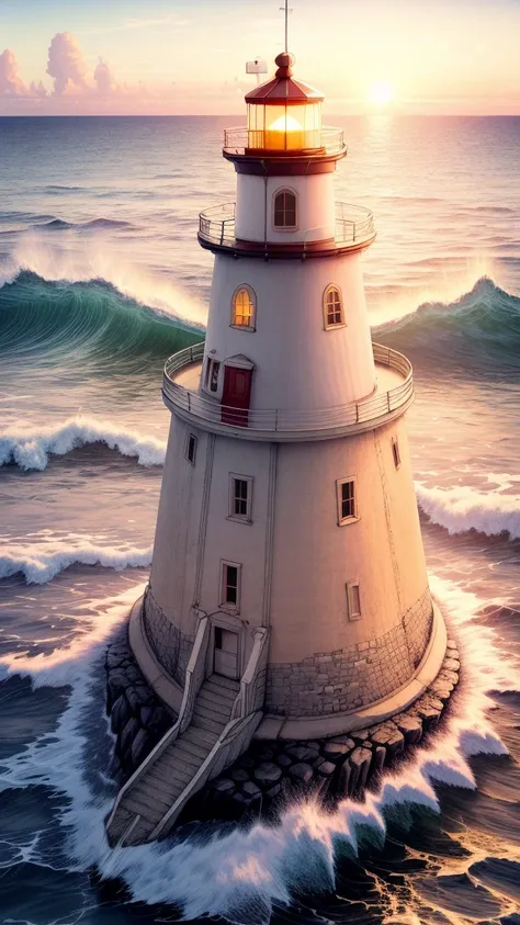 lighthouse, with soft waves crashing below, golden sunset casting, peaceful atmosphere, calming.