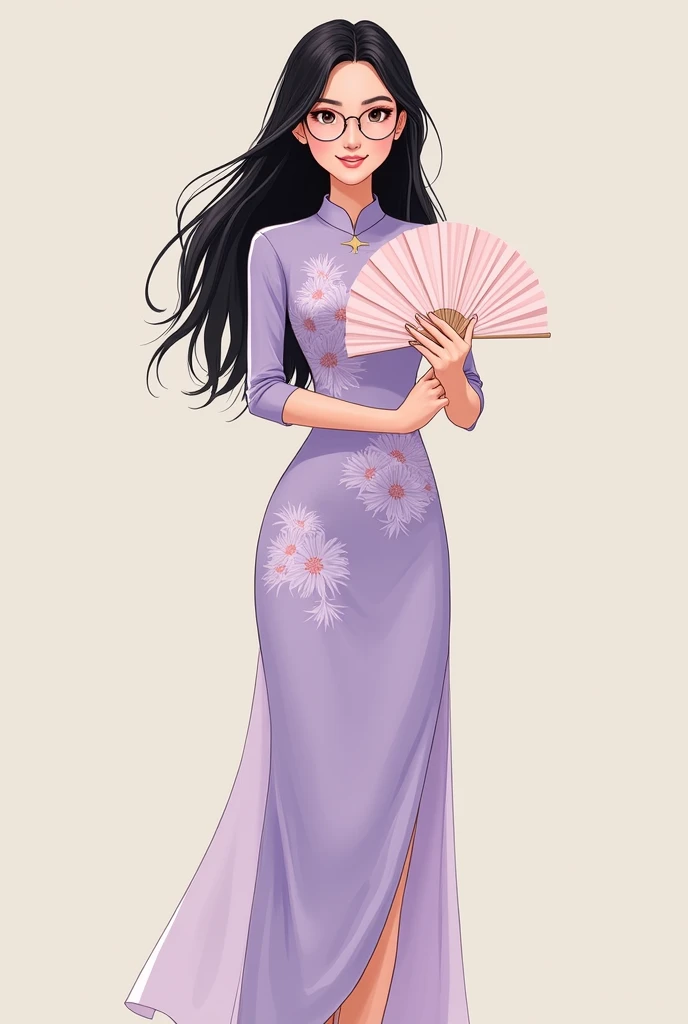 The girl in the photo has a slim figure with long, smooth black hair flowing down her shoulders. She is wearing round glasses, giving her a gentle and elegant look. Her skin is fair, and she has a bright, radiant smile. She is dressed in a light purple mod...