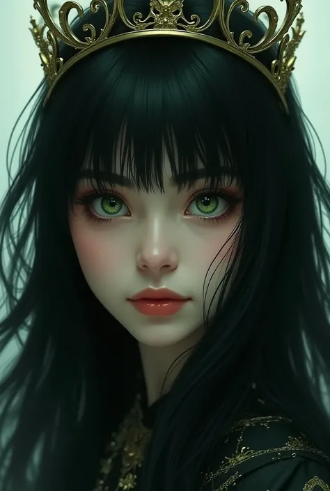 long black hair, green eyes, fringe, crown



