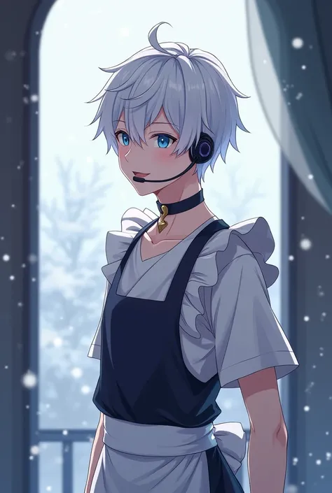 퀄리티, art best 1((boy)), ((male)), ((anime)), ((detail)), ((whole body)), he is a ((20s old)), he has beautiful ((blue eyes)), whiet hair, ((smile)), ((wearing a maid uniform)), ((whole body)), ((standing)),  ((voice actor)), ((wearing a headset)), with a (...