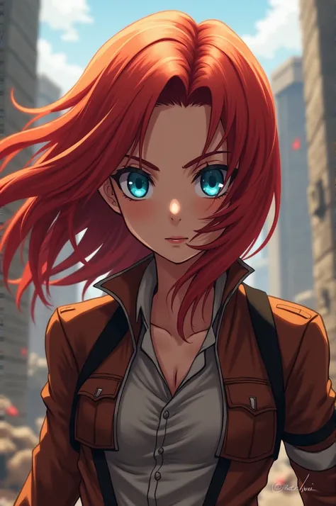  girl character with fiery red hair and bright blue eyes. Attack on Titan.