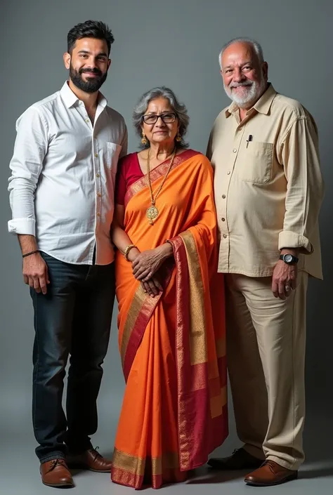 photo of the 2 one adult boy 
and  40 age one indian lady in saree and 45age ago one  chubby gents in standing post three persons 
