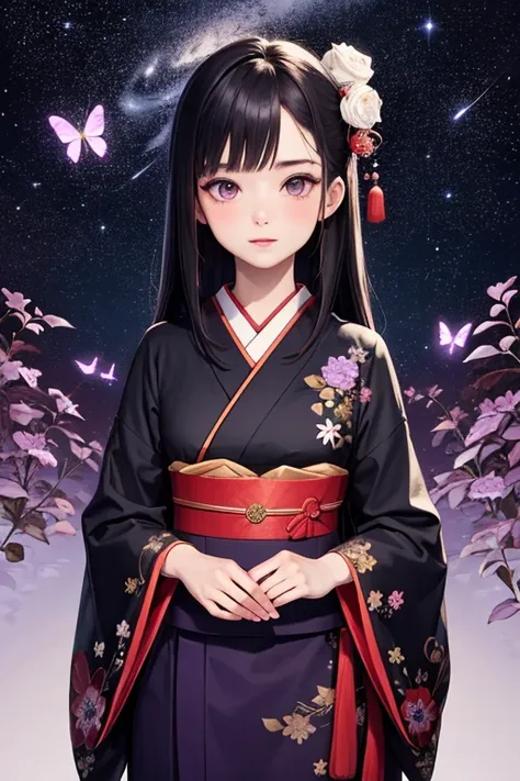 ((best quality)), ((masterpiece)), (detailed), 1 short girl, traditional japanese dress, purple suit with stars and flowers, galaxies, dark purple long hair women, dark purple eyes, hime cuts-hair, Butterflies flew around her, she wears uchikake. 