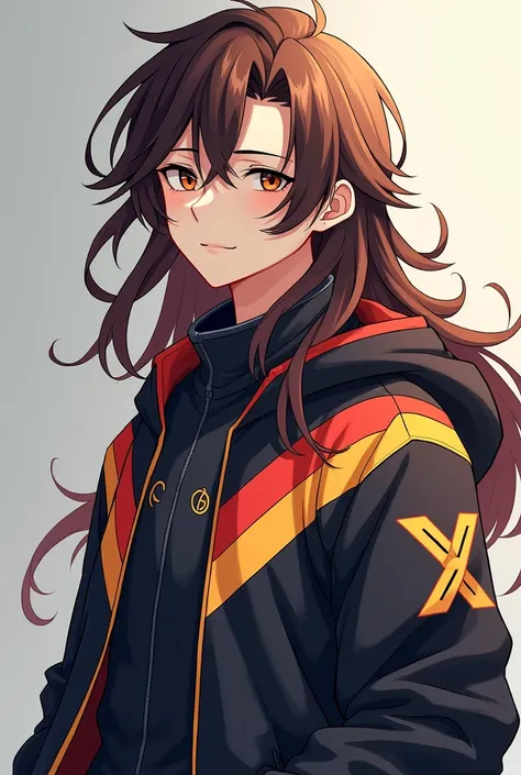 Anime character man with long brown hair wearing an e-sport jacket 