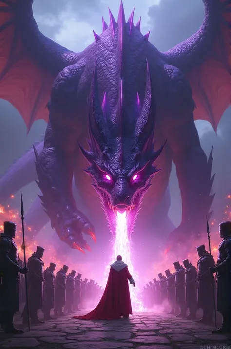  A menacing purple dragon glaring down at a group of guards, purple fire shooting out of its mouth. Next to the dragon is a prince dressed in red and white, fire magic shooting from his hand. 