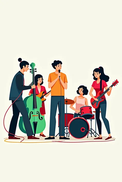 Illustration of a five-member band playing with a male vocalist、Tall male bass(The instrument is green)、Womens Guitar(Hair is shoulder length、Instruments are red)、Womens Guitar(Hair in a ponytail、The instrument is blue-green)、Woman Drums(Hair in a ponytail...