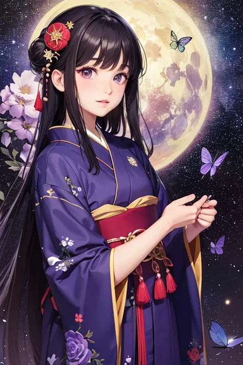 ((best quality)), ((masterpiece)), (detailed), 1 short girl, traditional japanese dress, purple suit with stars and flowers, galaxies, dark purple long hair women, dark purple eyes, hime cuts-hair, Butterflies flew around her, she wears uchikake. 