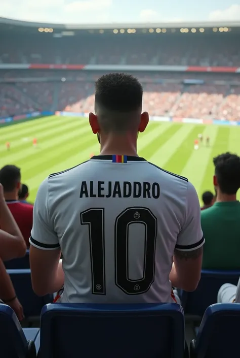 MAKE A GUY SITTING WITH HIS BACK IN A STADIUM WHO HAS A LIGA DEPORTIVA UNIVERSITARIA SHIRT AND HAS THE NUMBER 10 AND SAYS ALEJANDRO with a 1 mid-fade cut