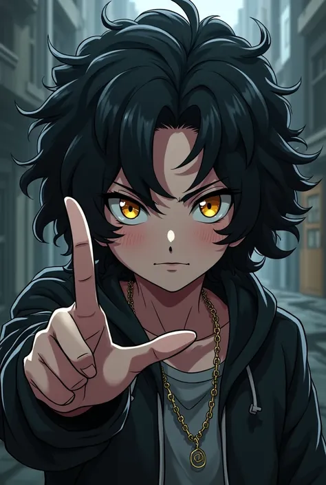 Make an anime character, with black curly hair, making gang sign, white skin color, Light amber eyes