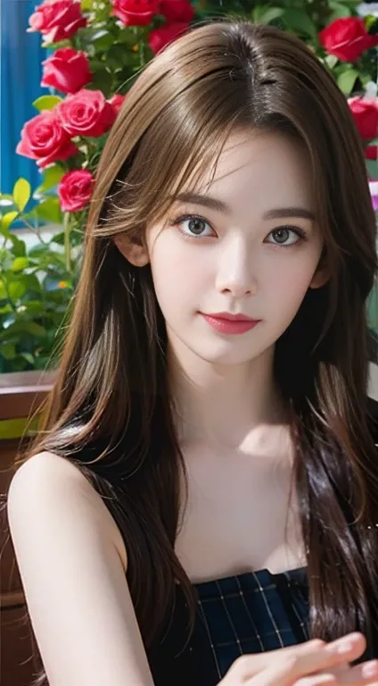 (One Girl:1.3), Cinematic Light,  (masterpiece, Best Quality, Best Quality,  beautifully、aesthetic:1.3), Very detailed,Best details,(Very detailed),, 
【From the above】,(( Lying in bed)), 
Alone, chest, Silky long hair, (Brown Hair), Roses were scattered in...