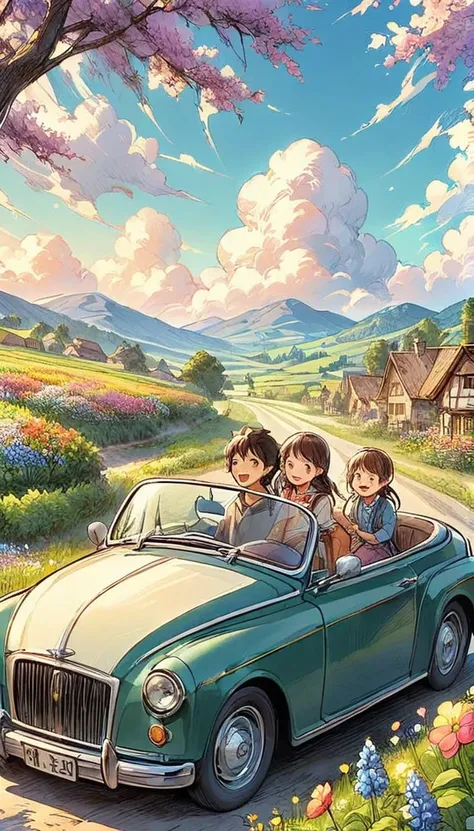 An anime family in a vintage car driving through a scenic countryside filled with rolling green hills and blooming flowers. The children excitedly look out the car windows, while the parents smile as they enjoy the peaceful drive. The road winds through fi...