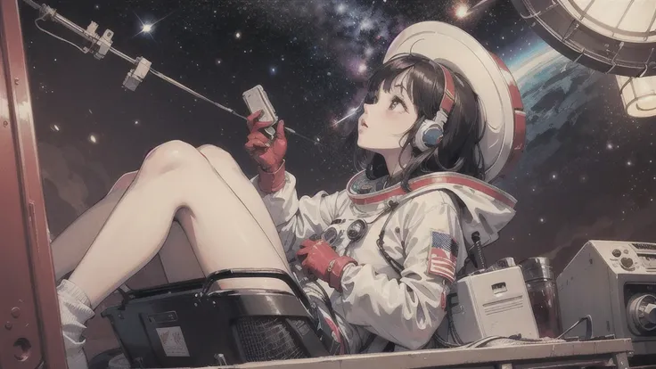 universe space、A beautiful woman is looking up into space、Cool vibe、Dressed in a red space suit、There is an old cassette radio nearby.、There&#39;s a spaceship nearby、You can see colorful planets、Old American atmosphere