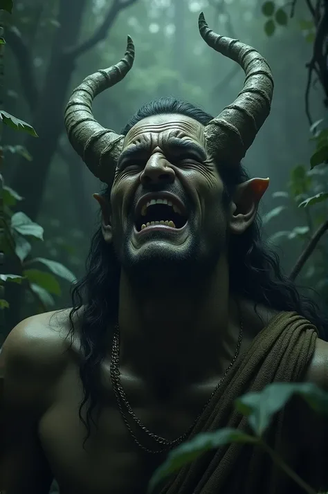 "Maricha, in his dying form, opens his mouth wide to mimic Rama’s voice, crying out for help. His twisted face contorts, and the eerie echo of ‘Save me, Lakshman!’ reverberates through the dark forest."