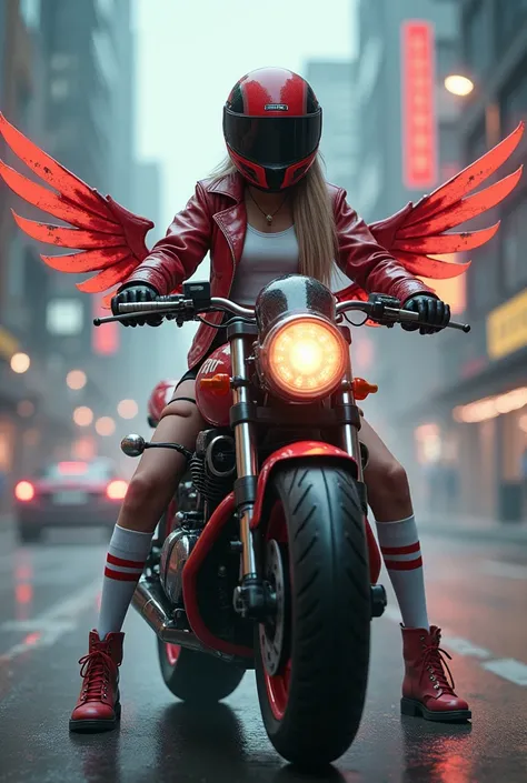 A beautiful girl with long hair and wearing a red-black helmet is riding Kaneda&#39;s motorcycle from Akira cyberpunk lower body extending wide wings  , futuristic modified handlebar section ,cyberpunk like Akira&#39;s bike is red. This girl is wearing a c...