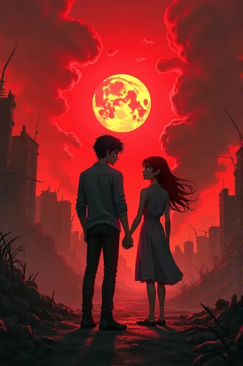 **Description of the scene:** In a landscape devastated by a nuclear explosion, The sky is dyed a deep red, illuminated by a radiant glow on the horizon. in the center, The protagonist, a young man with dark hair,hoodies color negro . His expression is one...