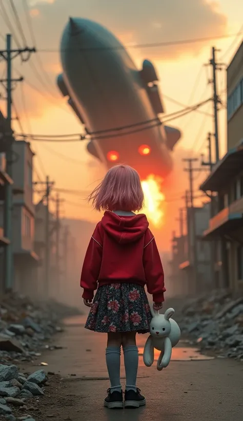 A surrealistic photograph captures a young girl standing on a rocky, debris-laden street in an abandoned urban area during sunset or sunrise. She is positioned centrally, facing away from the camera, wearing a red hoodie with visible stitching and seams, a...