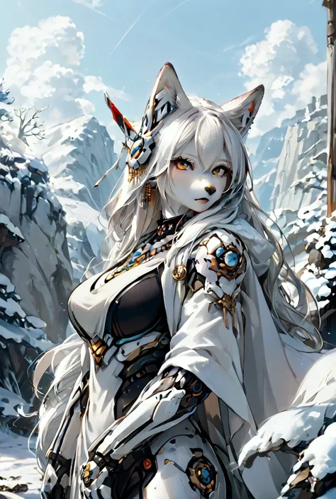 snowfield,a japanese woman,White long hair shawl,mechanical headgear,mechanical earrings,necklace jewelry,Furry wolf ears,Large Breasts,Beautiful figure,Wearing a white mechanical suit,Wearing a white cloak,Holding a long battle ax,Follow the big white wol...