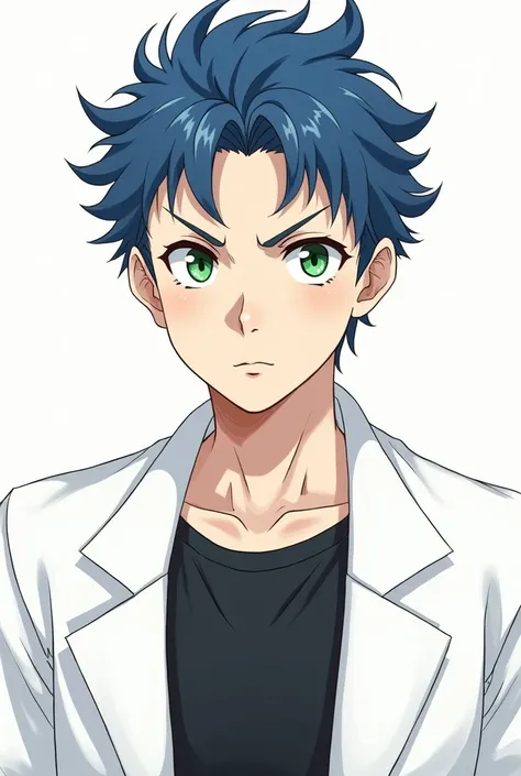 masterpiece, best quality, ((1man)),blue hair,green eyes,serious expression, smiling,waist up,line art,medium hair,white blazer,black t-shirt,expressionless eyes,((Tite Kubo style))