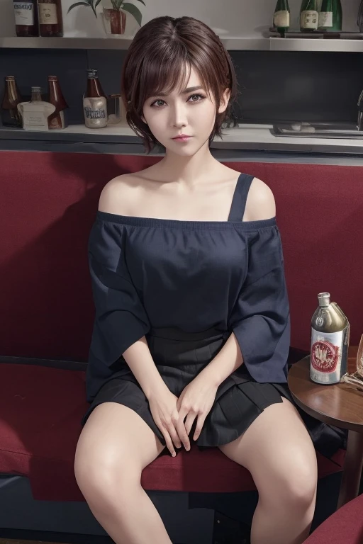 1 career woman, 3、Hairstyle: Short Hair Permanent、Navy blue skirt underneath、With a tired look on his face, he takes out a can of beer from the refrigerator at home and drinks it.、（Hold a can of beer in your right hand）、Sit deep on the black sofa and sprea...