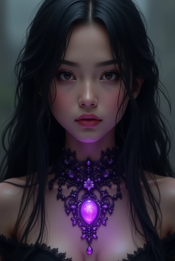 Can u make a  with black hair and black eyes make her look like a filipino with a purple magical necklace 