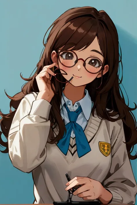 Brown haired teen cute, holding her eyeglasses in a school uniform