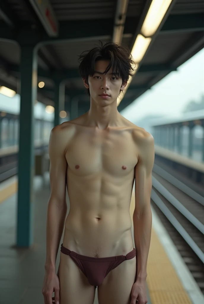 1boy、Photo Quality、Handsome Men、アイドル顔のbeautiful顔、Mash Hair、Japanese male, 、Completely naked、Full nudity、erection、Huge penis、Best Quality、Realistic、beautiful、Sad look、Back view of a person standing on the station platform、