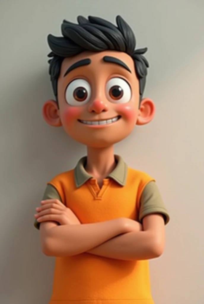 Create a stylized male character with a 3D animation look, with rounded face, with very short hair, military style in black tone. He should have a friendly expression, with medium and expressive eyes in black color. A line on the right eyebrow. The skin mu...