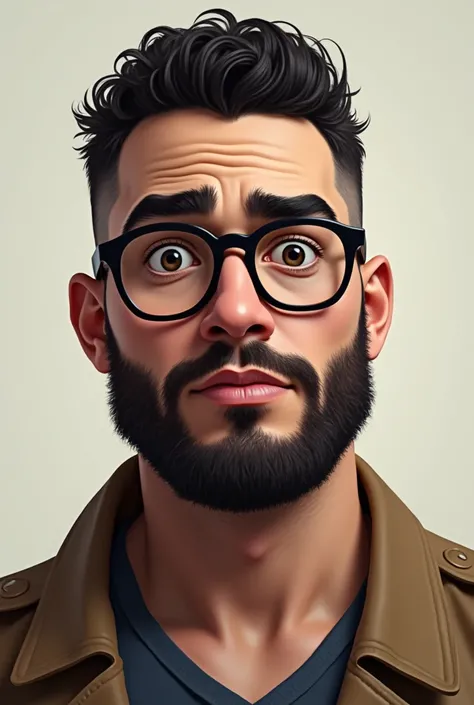 Create a 2D illustration of a white-skinned man, voluminous eyelashes, thick eyebrows, short beard, black round glasses, curly hair low cut, rounded face and robust body type 
