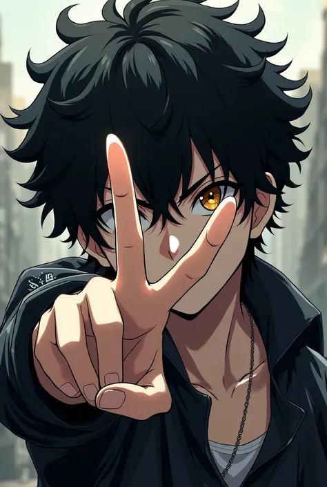 Make an anime character, with black curly hair, making gang sign, white skin color, light amber eyes and he has white streaks in his hair and he is between 15 and , and the gang sign is an L