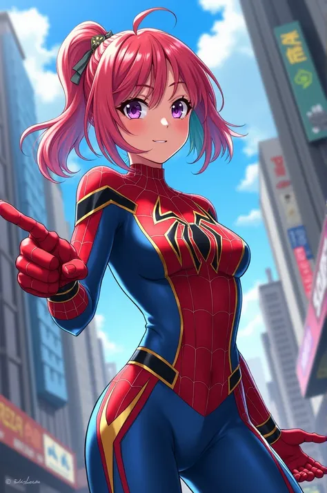 Create an image of an anime girl in a spiderman suit while being pointed at