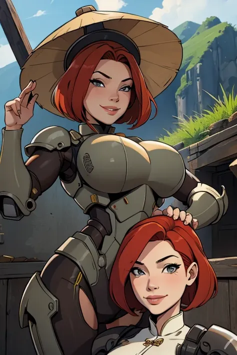 redhead, bob haircut, vietnamese hat, big breasts, smile, power armor