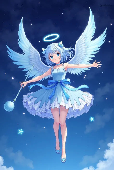 Light blue braided hair only one braid blue eyes like the sky moon hairclips Flowy dress flying with light blue wings the dress is frilled and patterned with diamond and sapphires it is a female she is in the blue night sky she is holding a wand with a moo...