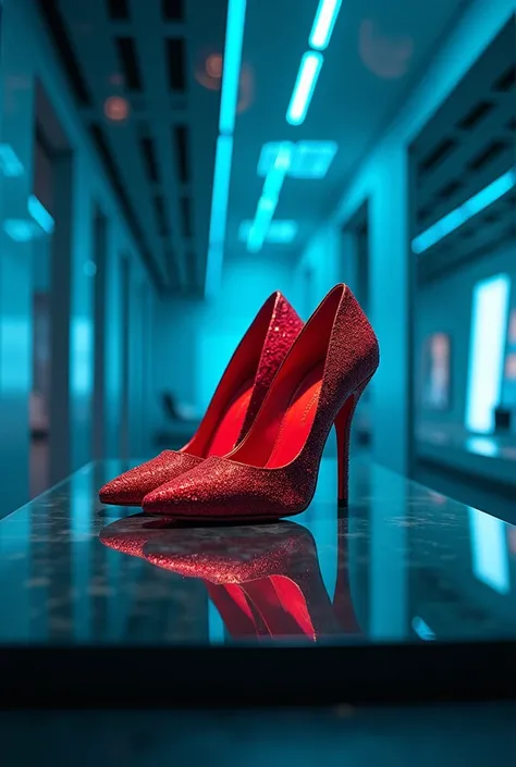 High heels in cyber security room, importantly history, (((intricate))), red highheelin glass case, blue room, long shot, depth, science fiction, On the table