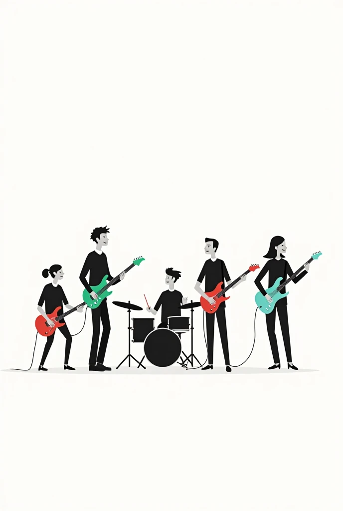 The band is playing、Generate a simple illustration。
This is an illustration of five people. Please do not draw faces. Please keep everything black and white except for the color of the instruments. Arrange them in the following order from left to right: Me...