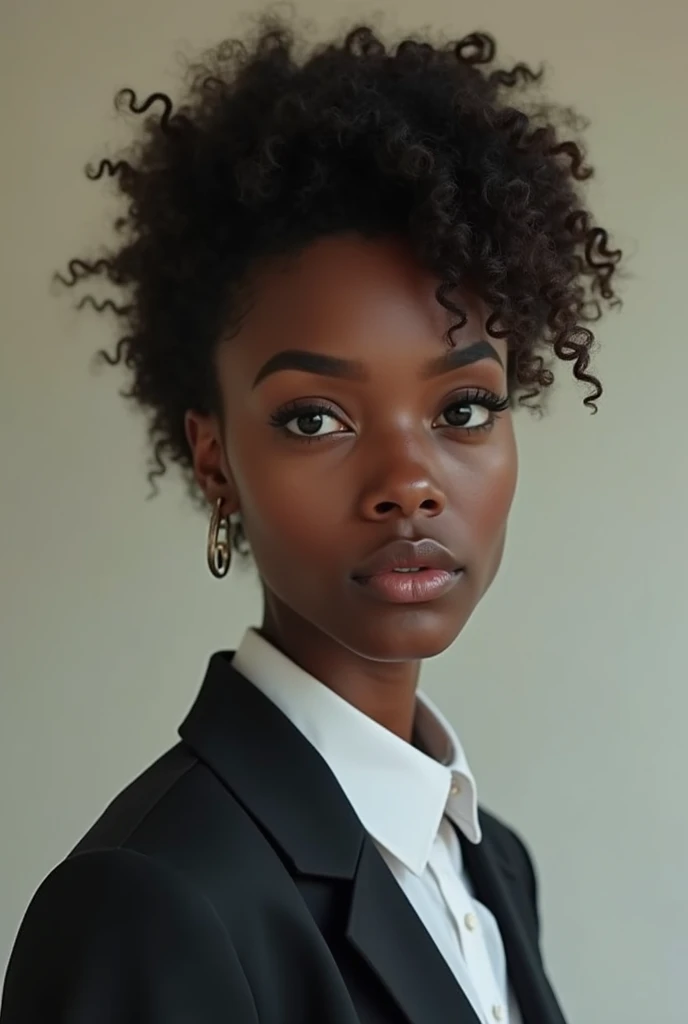 character of a beautiful black woman, with curly hair, wearing a school uniform, elegant, rich