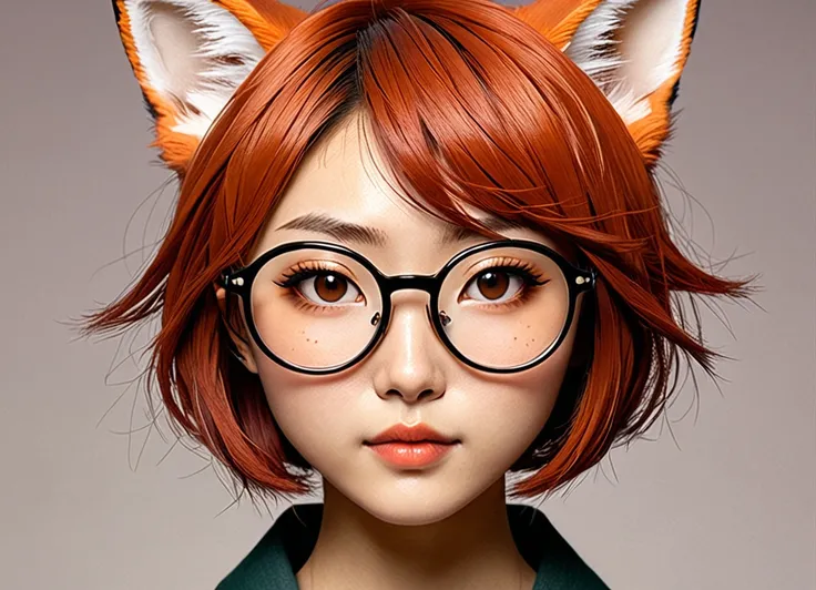 A Japanese girl, beautiful, short hair and round glasses, which has a theme related to a fox, I want it to look real and the fox details are just accessories