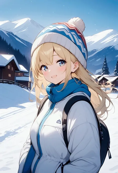 material、Thick paint、A very happy smile、Blonde、Long Hair、One Girl、Ski wear、Woolen hat、Ski Resort、Large snowy mountain in the background