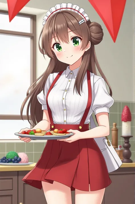 work of art, best quality, 1 , green eyes, Alone, food, fruta, double bun, long hair, strawberry, to harvest, brown hair, maid headdress, containment, perfect, short sleeves, tray, hair ornament, duffel bag, looking at the viewer, hair clip, shirt, contain...