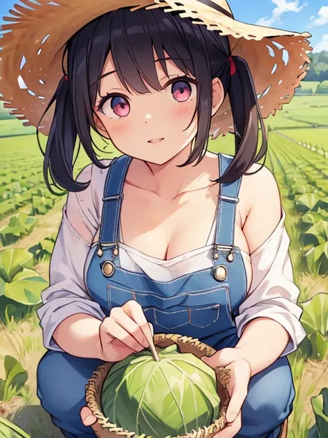 (Masterpiece, top quality, high quality, super detailed drawing, beautiful eyes, beautiful hair, expressive eyes, perfect face, perfect human structure, photorealistic background),
In a cabbage field,
Short cut with slightly curly hair, high twin tails up ...