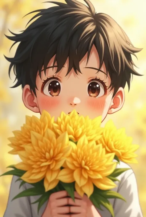 Generate an Asian boy, high, handsome, clear-eyed, smiling and blushing, of effeminate face, holding some yellow flowers 