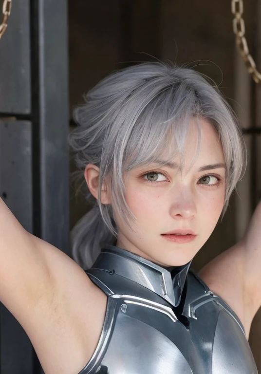 Armpit、female knight、Imprisonment、Chained in a prison、Both hands are in chains、A regretful face、blush、Tears、囚われのfemale knight、Gray Hair、Long Hair、Very reastic clean armpits, armpit lines, armpit pores, SUNSHINE ON SKIN, SUNSHINE ON ARMPIT, Very Realistic, ...