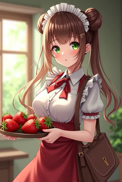 work of art, best quality, 1 , green eyes, Alone, food, fruta, double bun, long hair, strawberry, to harvest, brown hair, maid headdress, containment, perfect, short sleeves, tray, hair ornament, duffel bag, looking at the viewer, hair clip, shirt, contain...