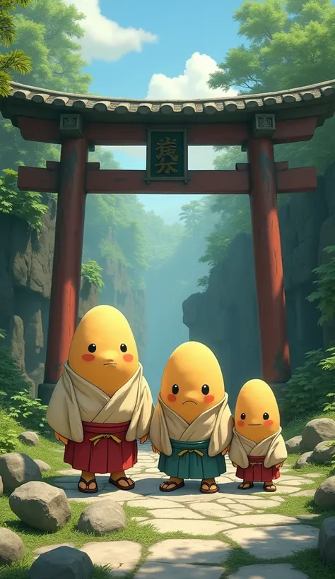 a supernatural humanoid potato creature family, Spirited Away,standing in the ruins of a Shinto shrine with a torii gate, wearing traditional Japanese clothing, 4K 8K, hyperrealistic, masterpiece Spirited Away