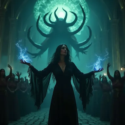 A beautiful woman, the evil cult leader, standing with open arms, surrounded by worshipful believers, as a Cthulhu, an evil god from another world, emerges, an evil aura filling the air, a sacrificial ritual underway, (best quality,4k,8k,highres,masterpiec...