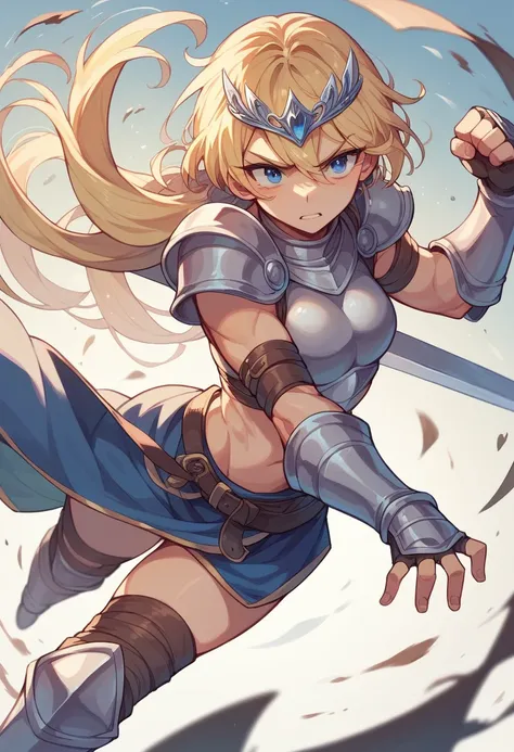 Blonde hair and blue eyes　Tiara　female knight　Fighting Goblins