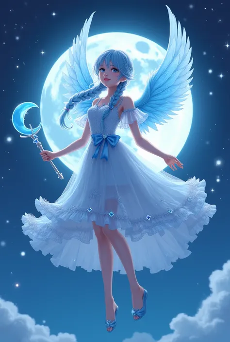 Light blue braided hair only one braid blue eyes like the sky moon hairclips Flowy dress flying with light blue wings the dress is frilled and patterned with diamond and sapphires it is a female she is in the blue night sky she is holding a wand with a moo...