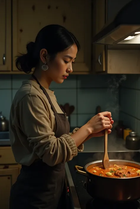 A woman in 30s stirring a pot of soup in a dimly lit kitchen